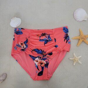 City Chic Bikini Brief Womens Size L Coral Floral High Waist Ruching Detail